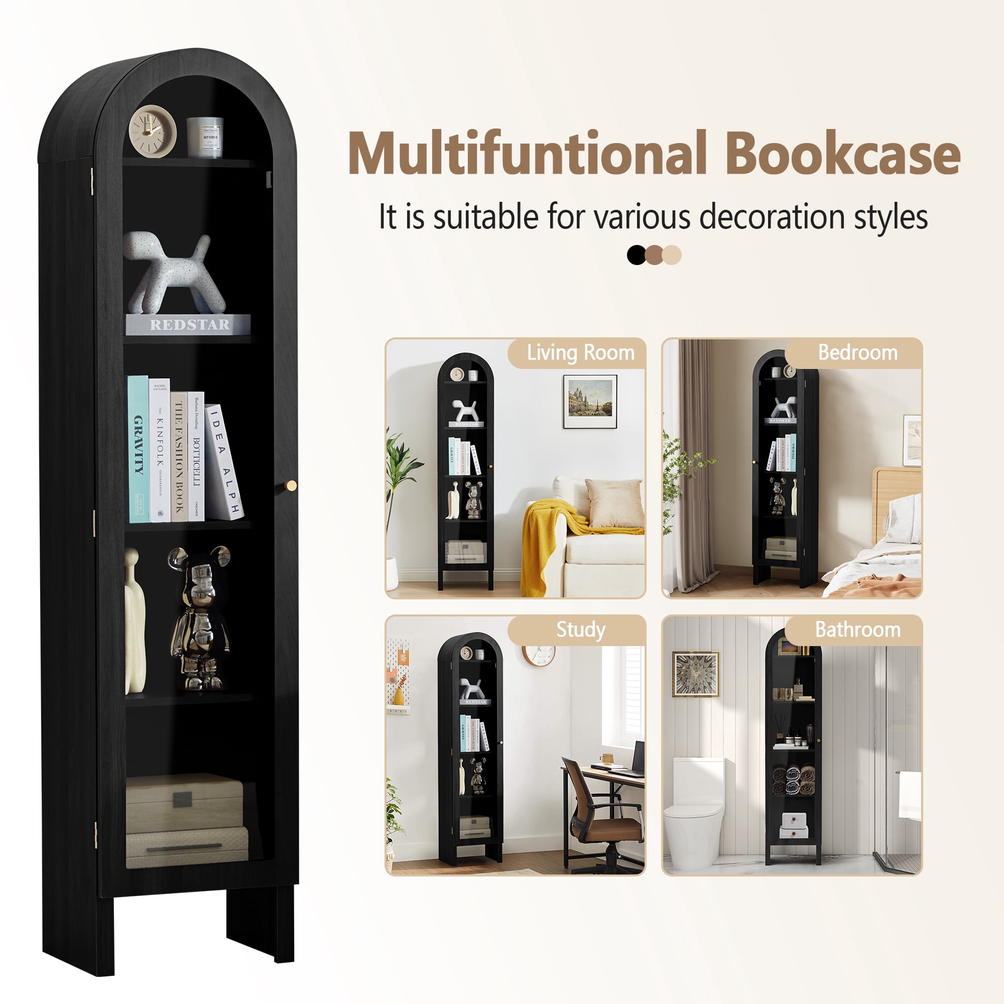 YOCWO Narrow Arched Bookcases with 5 Adjustable Shelves, Wooden Bookshelf wih Glass Door for Living Room Office, Black