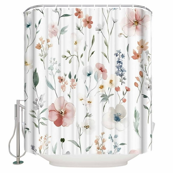 54x78 Inch Shower Curtain Decorative Pink Floral Bathtub Bath Curtains Fabric Waterproof Bathroom Decor Farmhouse Watercolor Spring Flowers Herbs Small Stall Shower Curtain Set with 12 Hooks