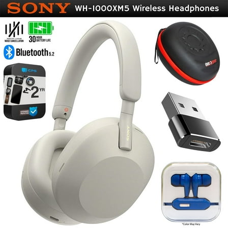 Sony WH-1000XM5 Wireless Industry Leading Noise Canceling Headphones, Silver Bundle with 2 YR CPS Extended Warranty, Mizco Travelocity In-Ear Headphone, Deco Gear Hard Case and Type C Adapter
