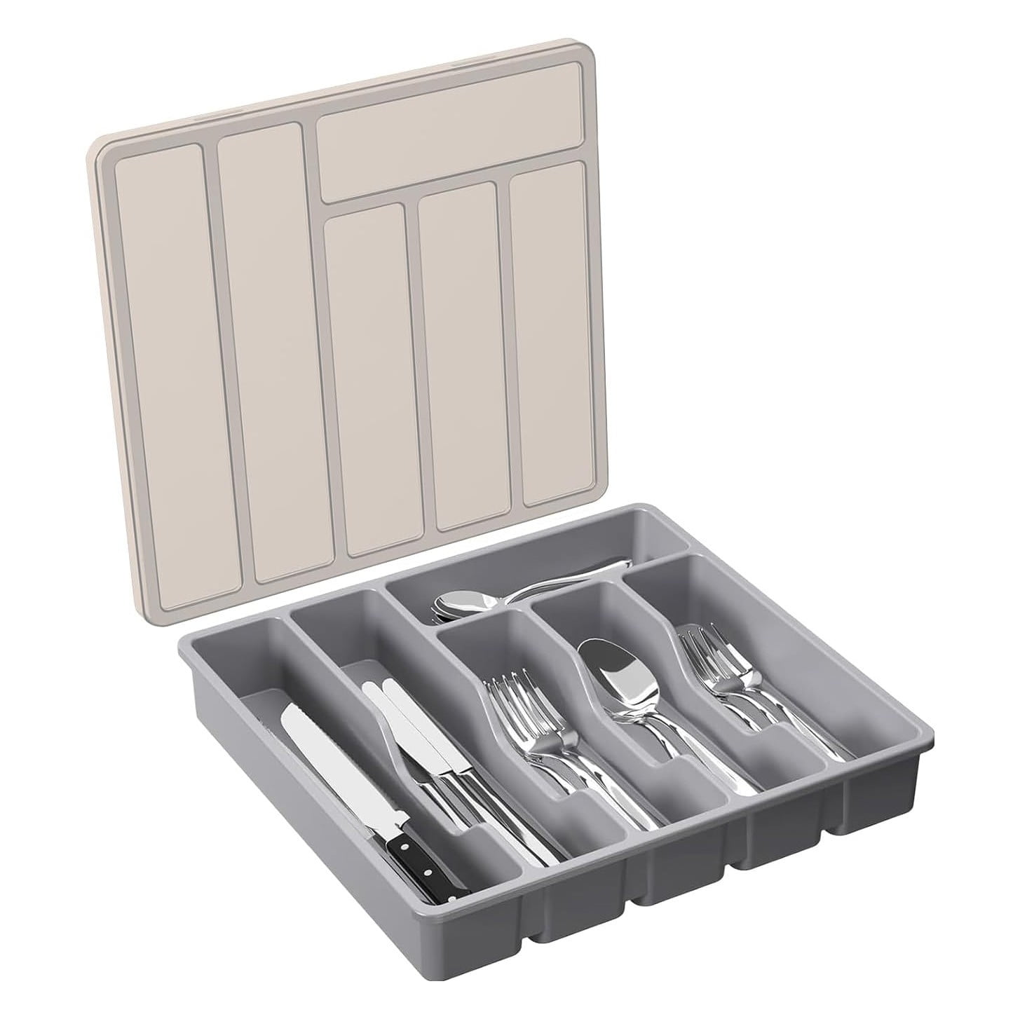 1X Storage Box,Tableware Storage,Mitoydoe Organizer With Lid 6 Compartments Utensil Tray For Kitchen Drawer And Countertop Plastic Cutlery And Flatware Storage Box For Spoons Forks Holder Case