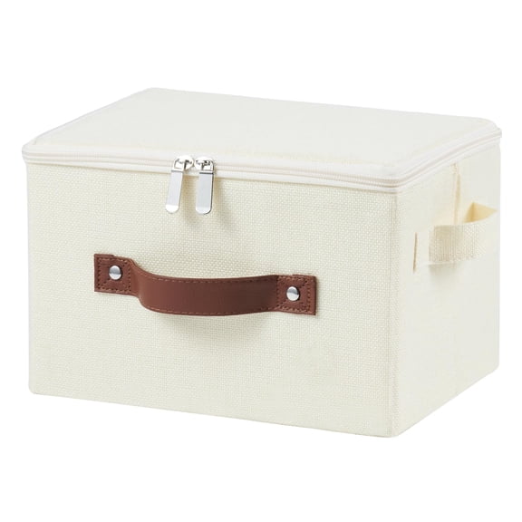 Storage Bins with Zipper Lids Decorative Lidded Baskets Boxes | Clothes Container, Closet Shelf Organizer, Foldable Washable, Cotton Linen Fabric, w/ PU Leather Handles