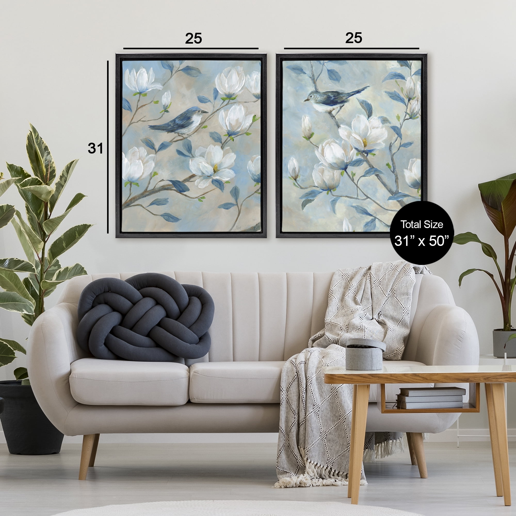 Stupell Industries Blue Birds in Magnolia Tree 2 Piece Black Framed Floater Canvas Set, design by Nan