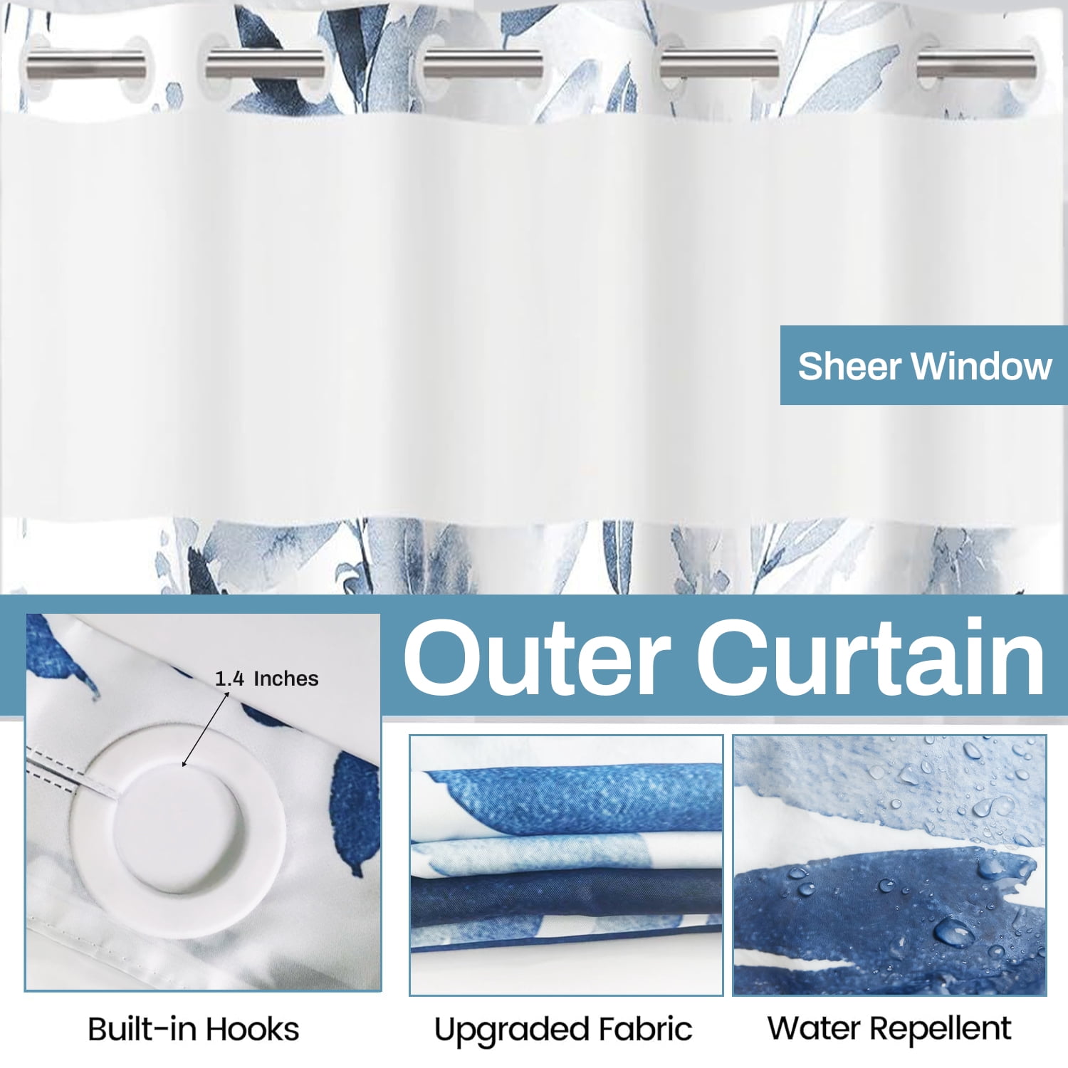 Behome Shower Curtain, Double-layer Waterproof Thick Fabric Shower Curtain, Bath Curtain Set for Bathroom, 71Wx74H, Blue and White