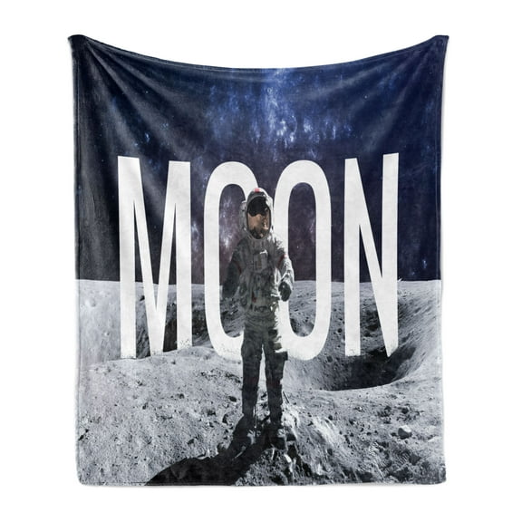 Outer Space Soft Flannel Fleece Throw Blanket, Miniature Toy Astronaut on the Foreground of Giant Moon Big Bang Mars Print, Cozy Plush for Indoor and Outdoor Use, 50" x 60", Grey Blue, by Ambesonne