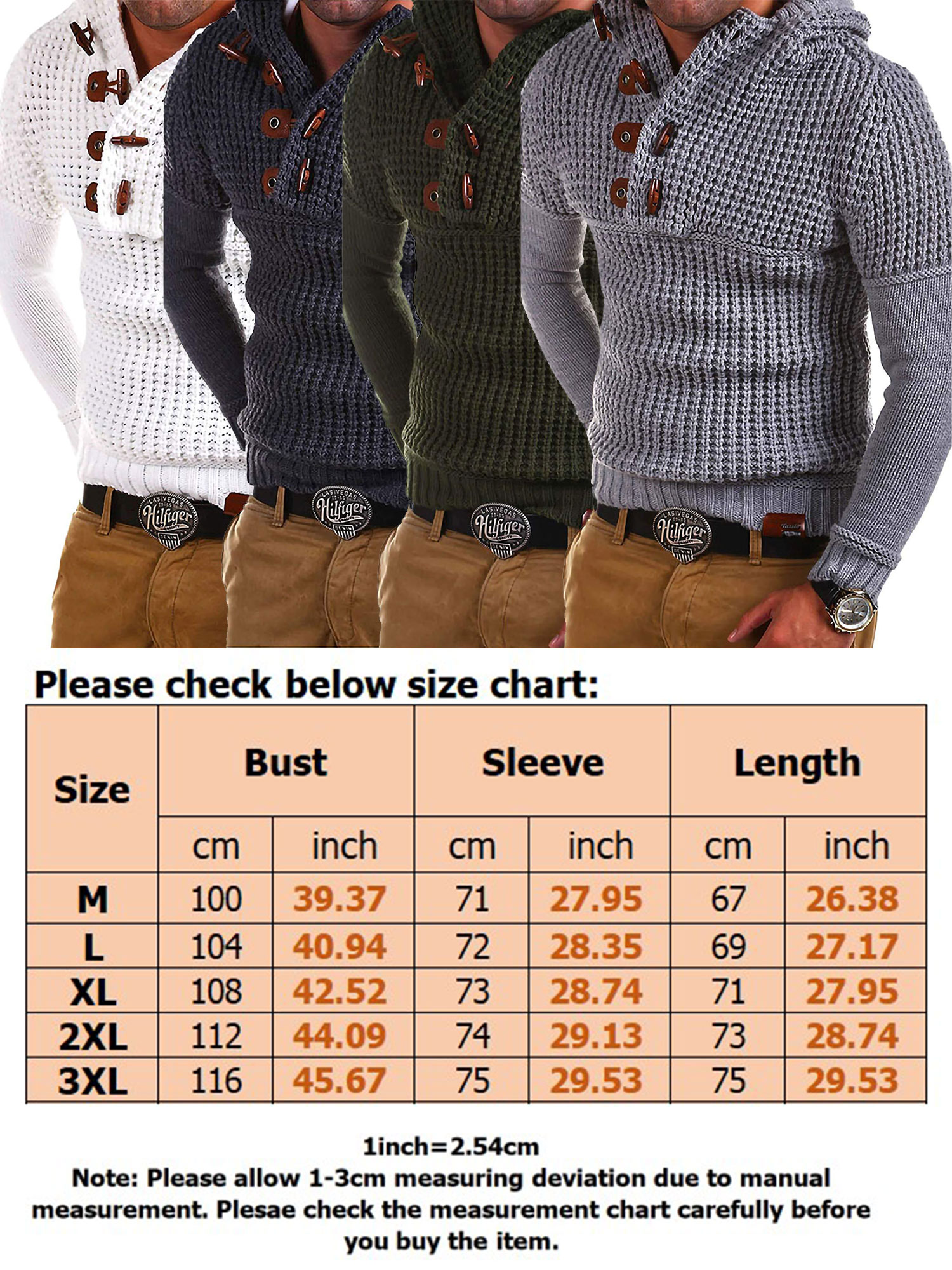 CVLIFE Fashion Plus Size Cable Knit Long Sleeve Hooded Sweater for Men Slim Fit Button Placket Sweater Jumper with Pockets - image 2 of 2