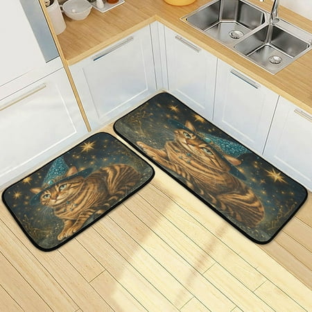 

Wobogo Chubby Bengal Cat Kitchen Carpet Set of 2 Absorbent and Stain Resistant Non-slip Star Rubber Backing