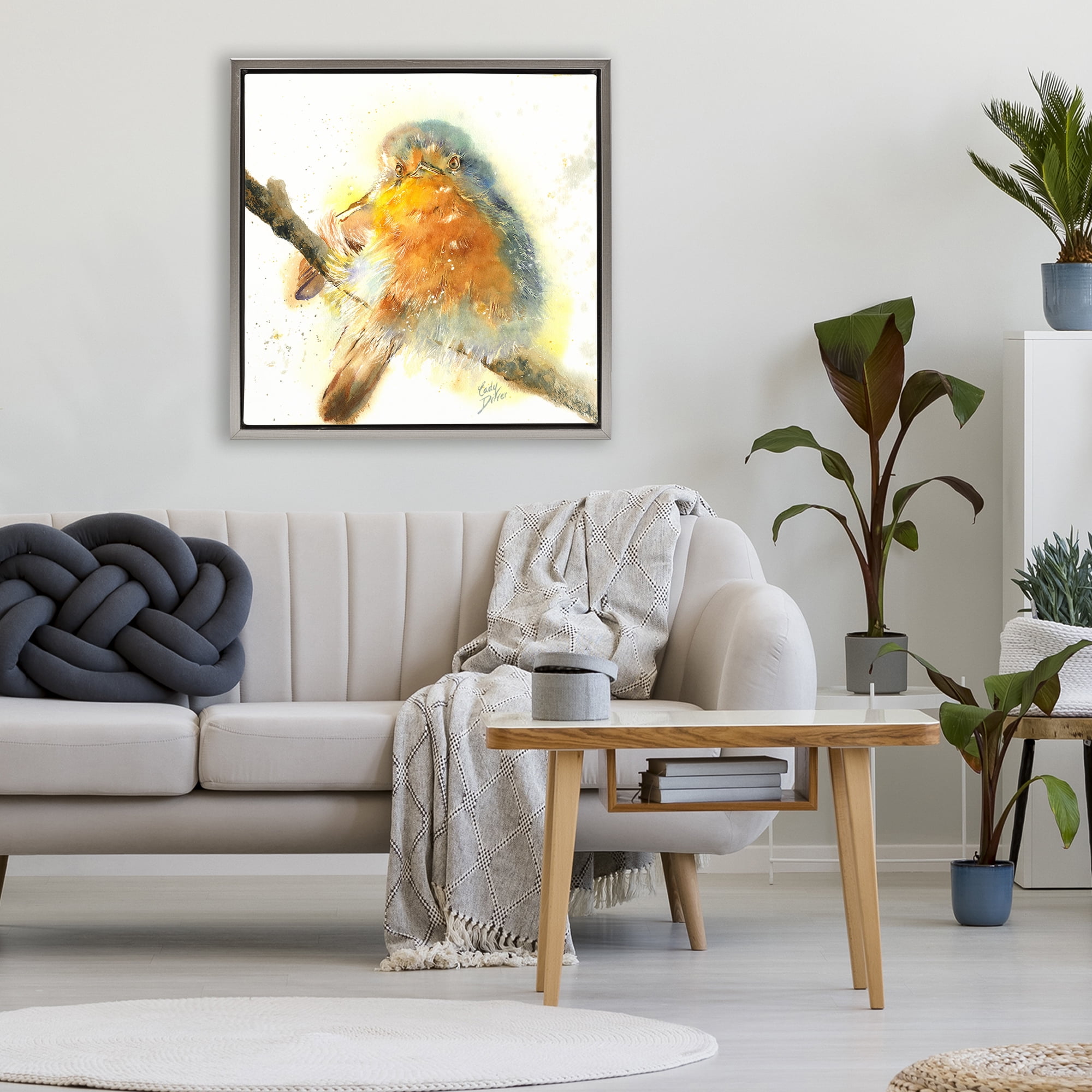 Stupell Industries Seated Songbird Watercolor Gray Framed Floater Canvas Wall Art, design by Cady Driver