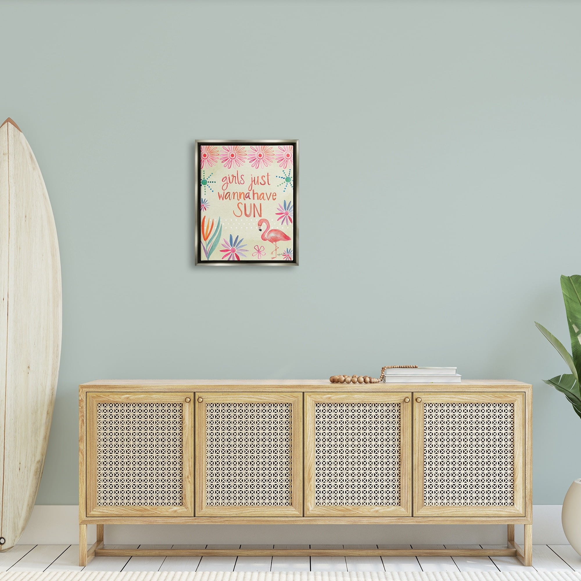 Stupell Industries Girls Wanna Have Sun Tropical Summer Floral Pattern Graphic Art Luster Gray Floating Framed Canvas Print Wall Art, Design by Katie Doucette