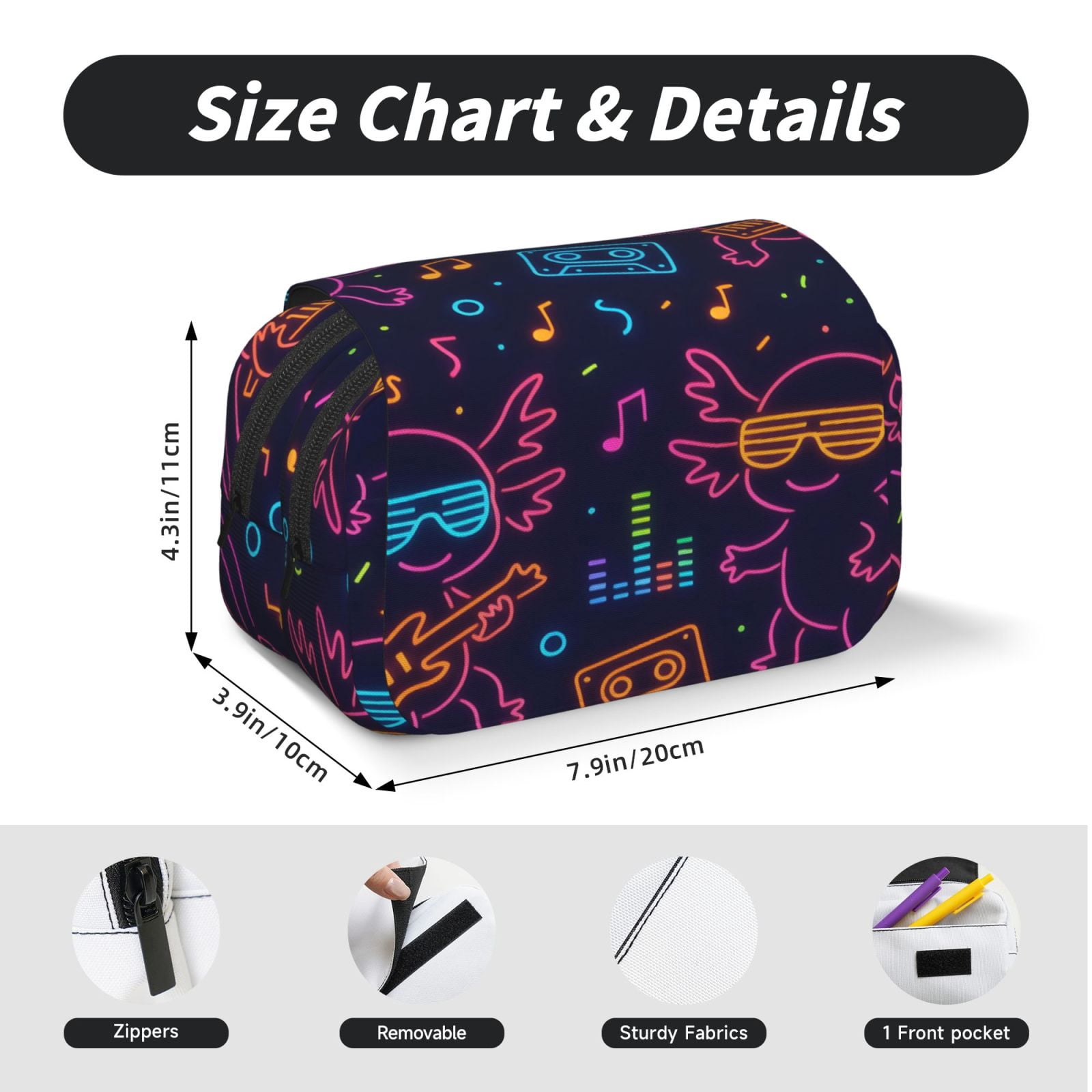 Large-Capacity Flip-Top Double-Layer Pencil Case, Multi-Functional Pocket Pen Case, Durable Stationery Organizer Neon Party Axolotls - 80s Synthwave