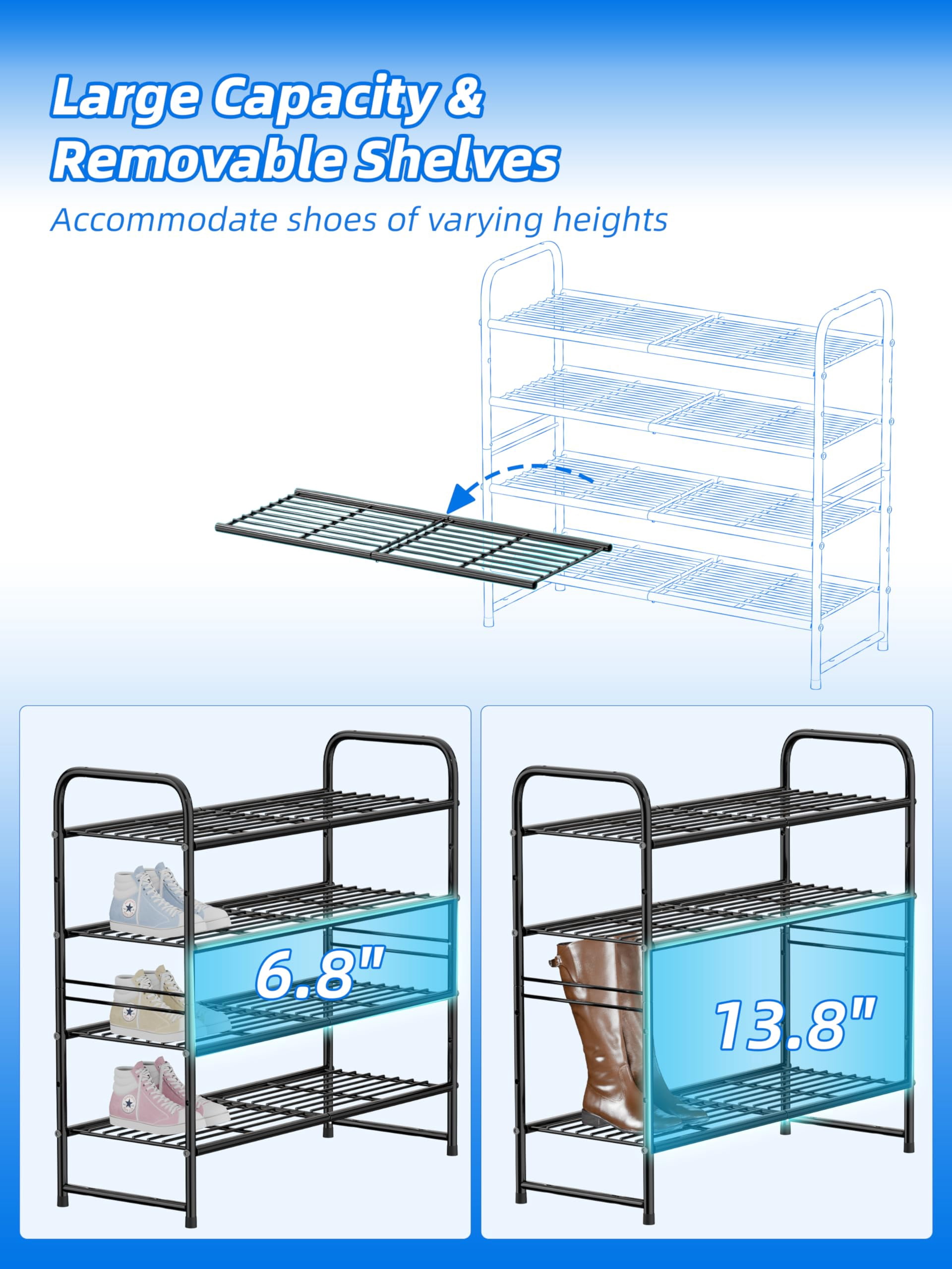 SUFAUY 4 Tier 33" Wide Shoes Rack Stackable, Metal Wire, Black