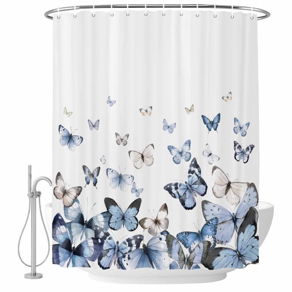 Blue Butterflies Shower Curtain Set - 48" x 72" Washable Bathtub Curtain with 12 Hooks, Elegant Pastoral Butterfly Waterproof Fabric Stall Shower Curtains for Bathroom/Bathtub Décor