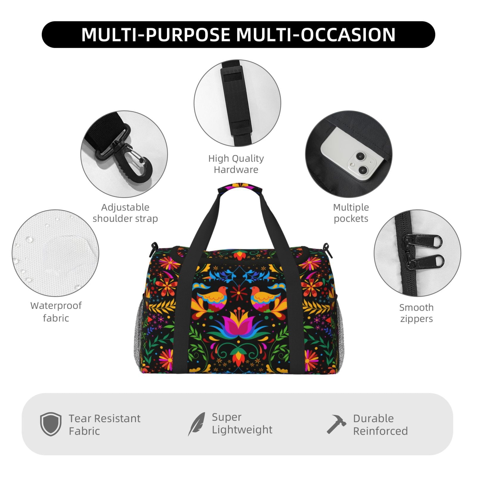 Defioc Mexican Flower Traditional1 Print Hand Travel Bag - Foldable Travel Duffel Bags for Men Women -Sport Gym Bag - Overnight Travel Duffel Bag - Adjustable Shoulder Strap