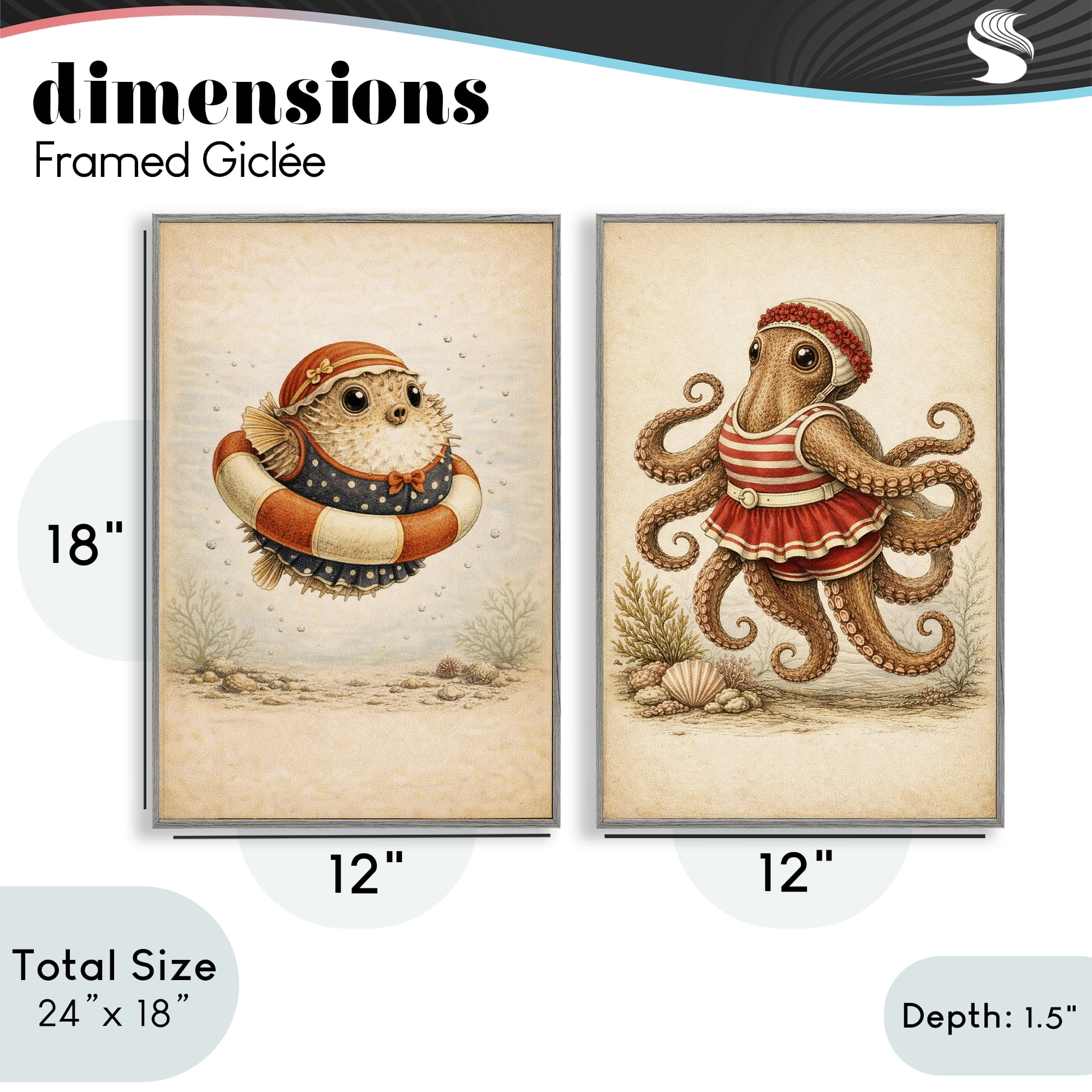 Stupell Industries Vintage Maritime Bathing Creatures 2 Piece Gray Framed Giclee Art Set, design by Grotto Studios