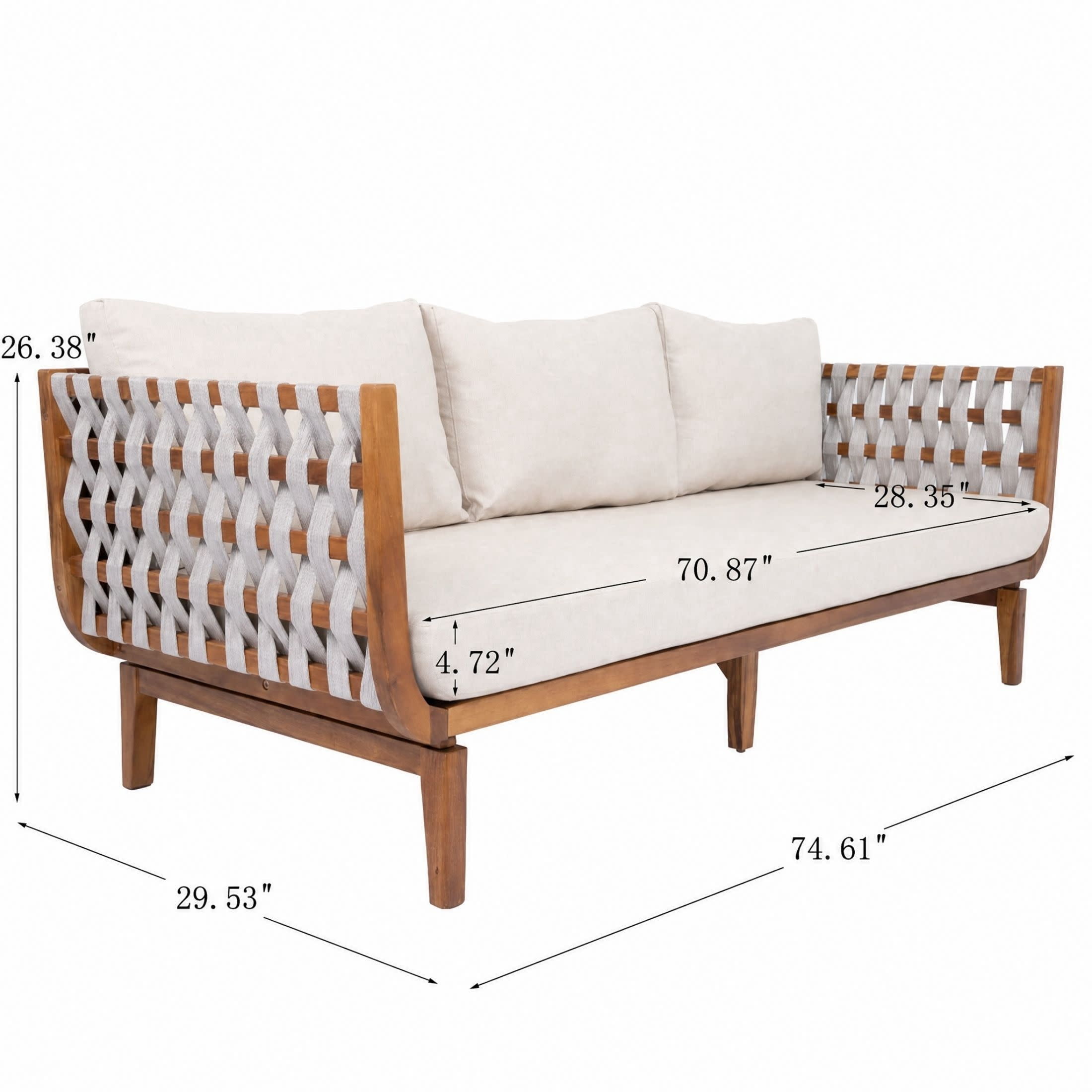 Christopher Knight Home Acacia Wood Outdoor 3-Seater Sofa with Rope Back and Cushions, Teak+Beige