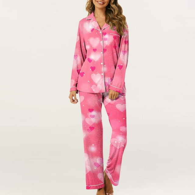 Ensemble de Pyjama en Satin pour Femmes Imprimé Amour de la Saint-Valentin Pyjama en Soie 2 Pcs Ensemble de Détente Boutonné Confortable pour Femmes Ensemble Rose P