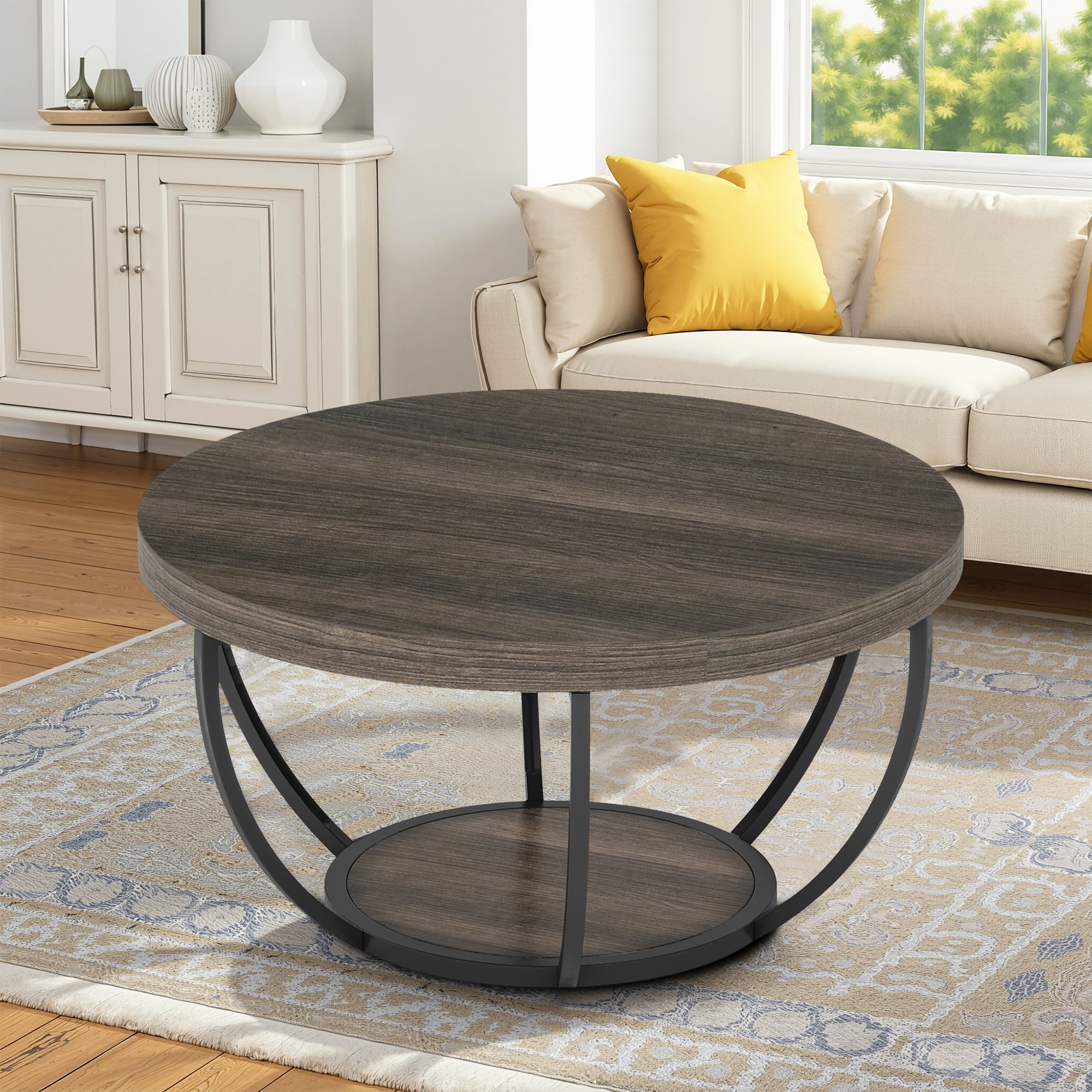 MAYEERTY 2 Tier Round Coffee Table Thickened Engineered Wood Sturdy Metal Base