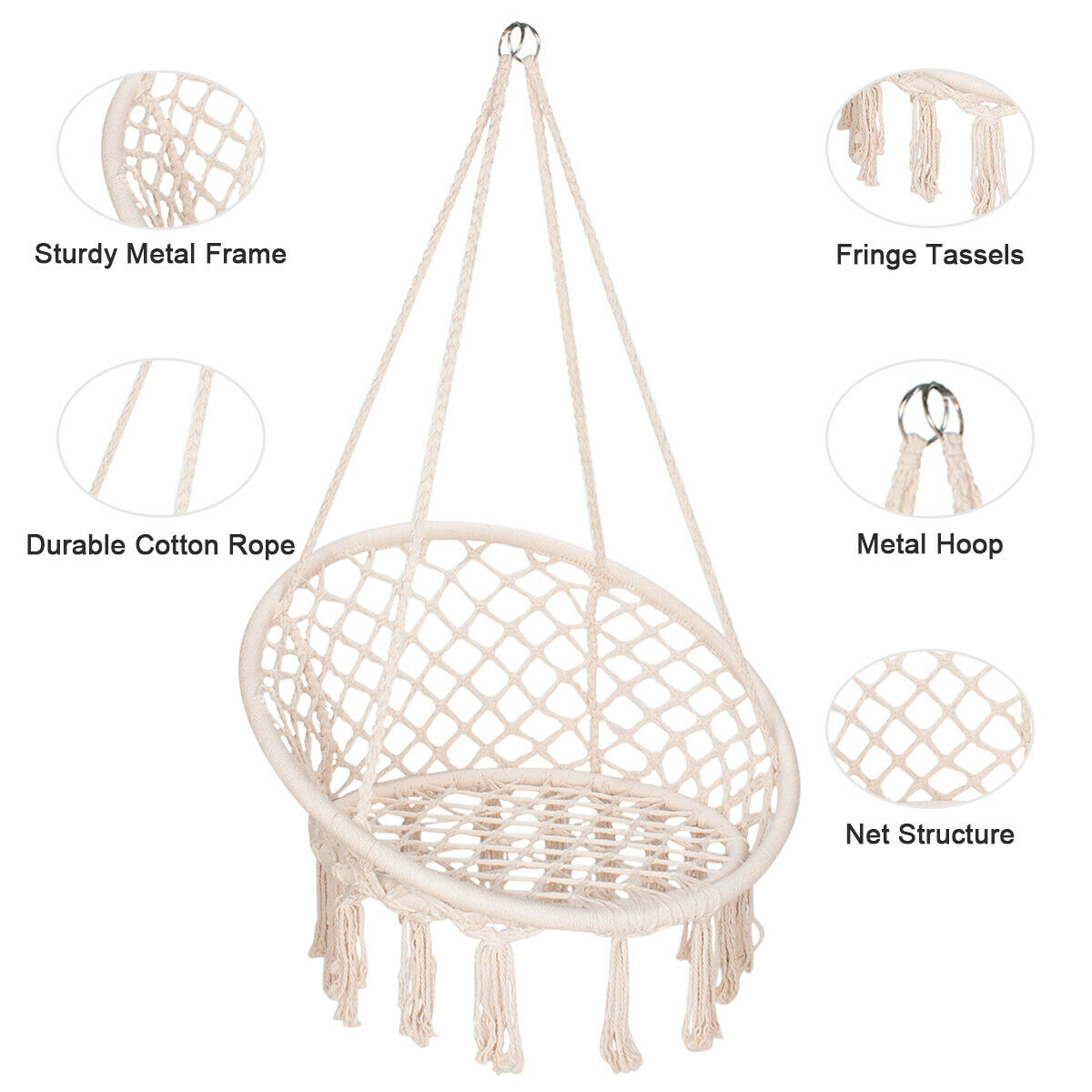 Outdoor Hanging Swing Cotton Hammock Chair Solid Mesh Woven Rope Yard Patio Porch Garden Wooden Bar Chair Swing Patio Chair With Install Tool Home Decor Gift - image 3 of 8