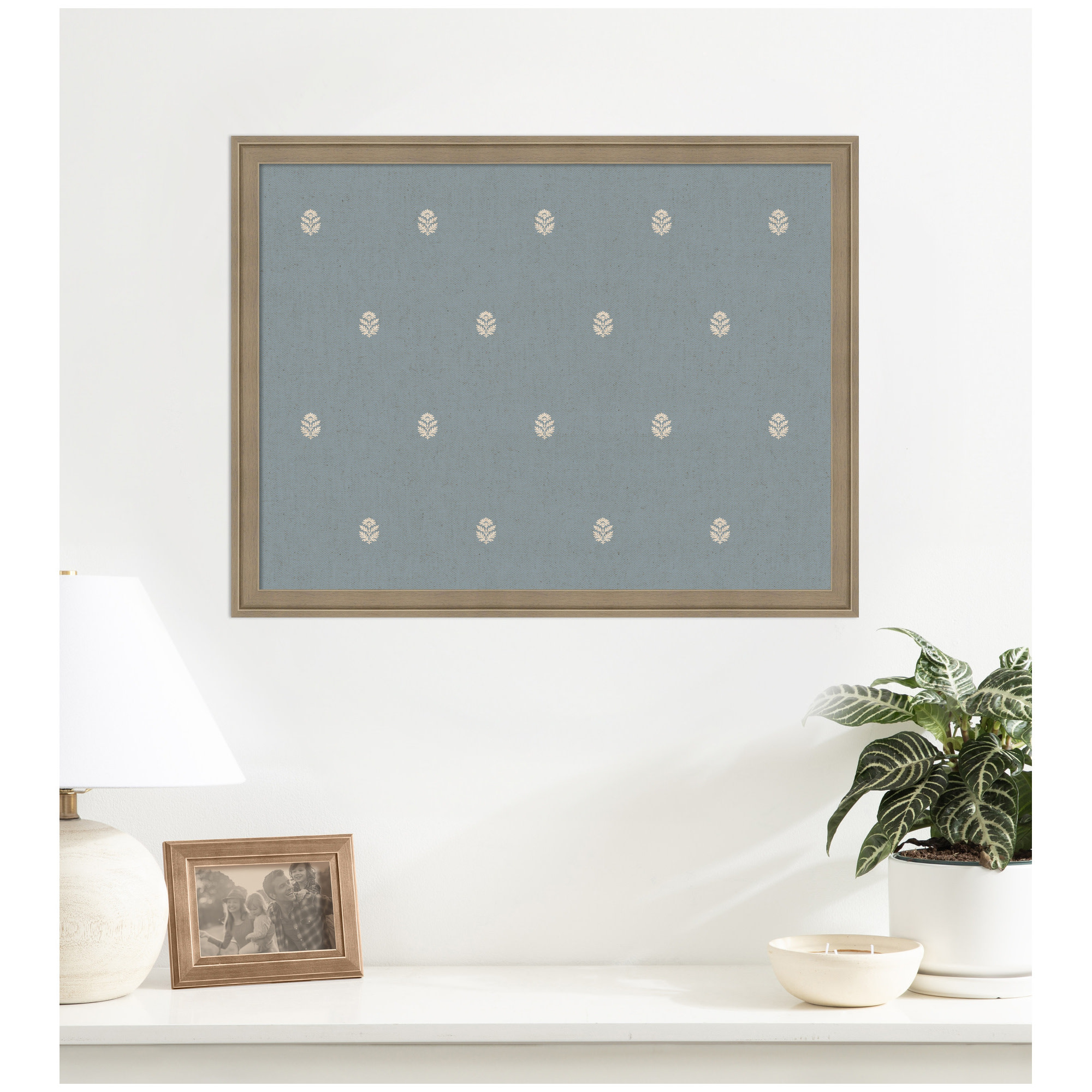 Kate and Laurel Framed Fabric Pinboard 26 x 20, Blue Botanical Block Print Printed Linen Classic Bulletin Board for Use as a Vision Board or Wall Organization, Florence Light Brown Frame