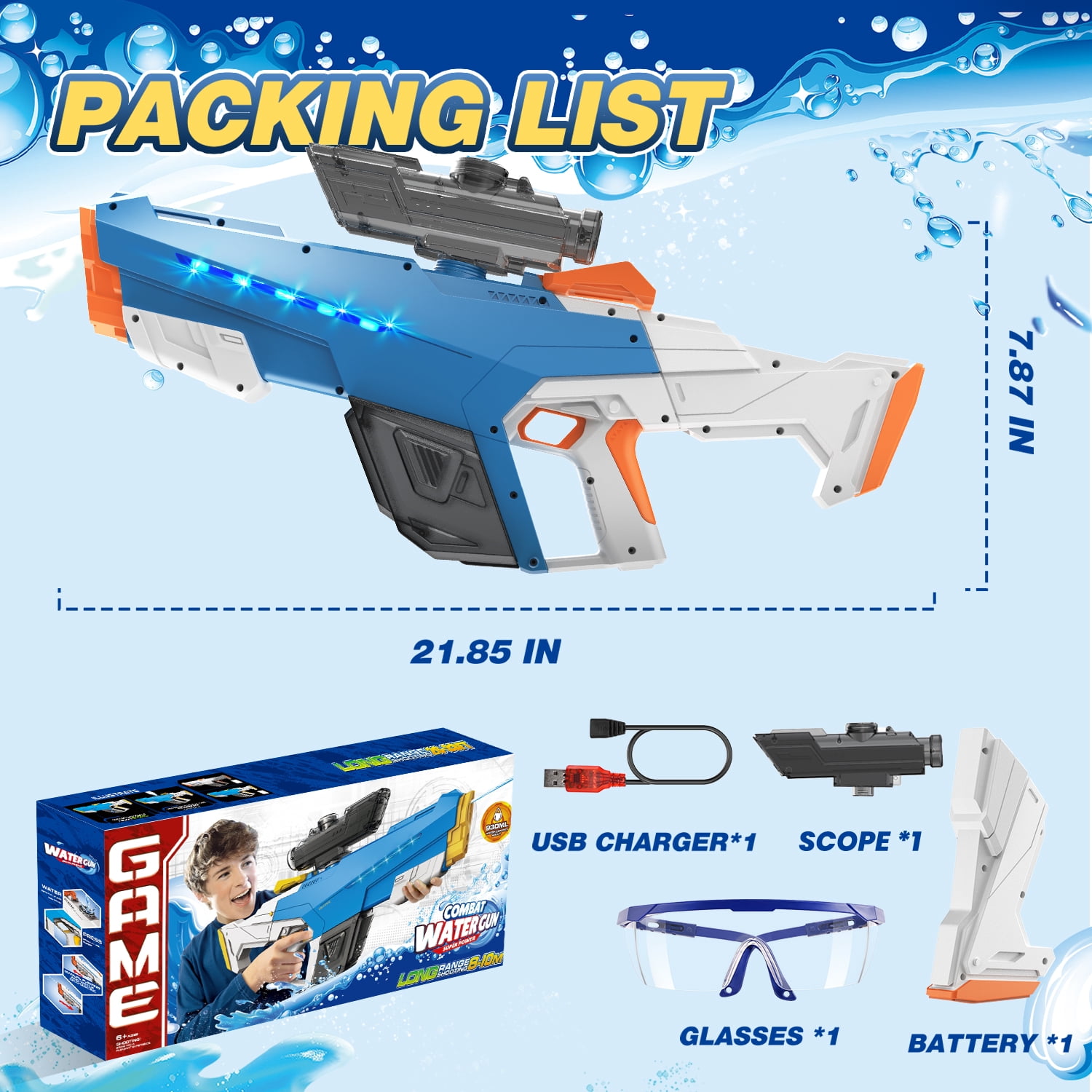 JoyStone Electric Water Blaster with Light, Automatic Manual Suction 2-in-1 Water Blaster for Adult Kids, Squirt Blaster 39 Ft Range, Pool Beach Outdoor Party Toys, Blue