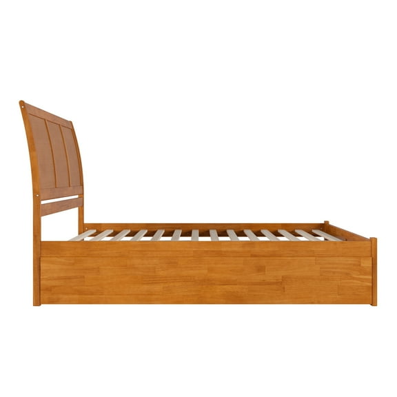 King Platform Bed with Trundle - Solid Wood Sleigh Style Bed Frame - Light Toffee Finish