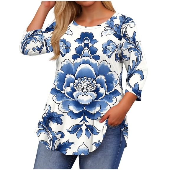 Ruimatai Women's Plus Size Casual Printed 3/4 Sleeve T-Shirt Round Neck Loose Fit Blouse Soft Comfortable Stylish Top