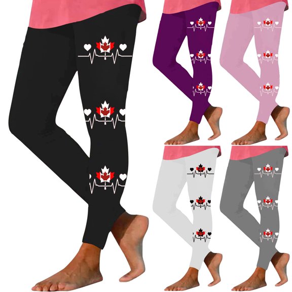 Jinhomg 2024 Fall Fashion Leggings for Women Cute Maple Leaf Printed Patriotic Yoga Pants High Waist Stretch Leggings Casual Athletic Jogger Pants Summer Saving Black S