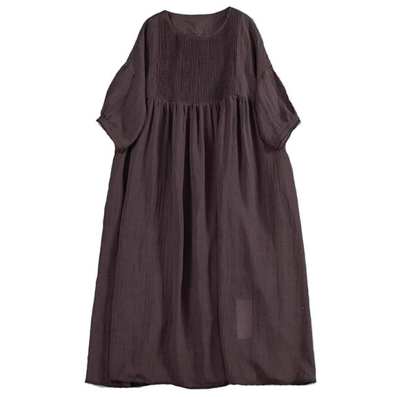 Tumotour Cottton And Linen Dress For Women 2025 Spring Summer Loose Crewneck Puff Sleeve Elegant Pleated High Waist Mini Dresses
