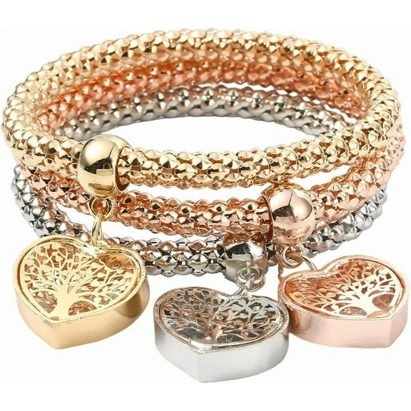 3Pcs Multilayer Stretch Bracelet Tree of Life Bracelets Set Love Heart with Tree Charms Gold Silver Rose Gold Lucky Fashion Multi Layered Jewelry for Women Adults Gifts Birthday Christmas