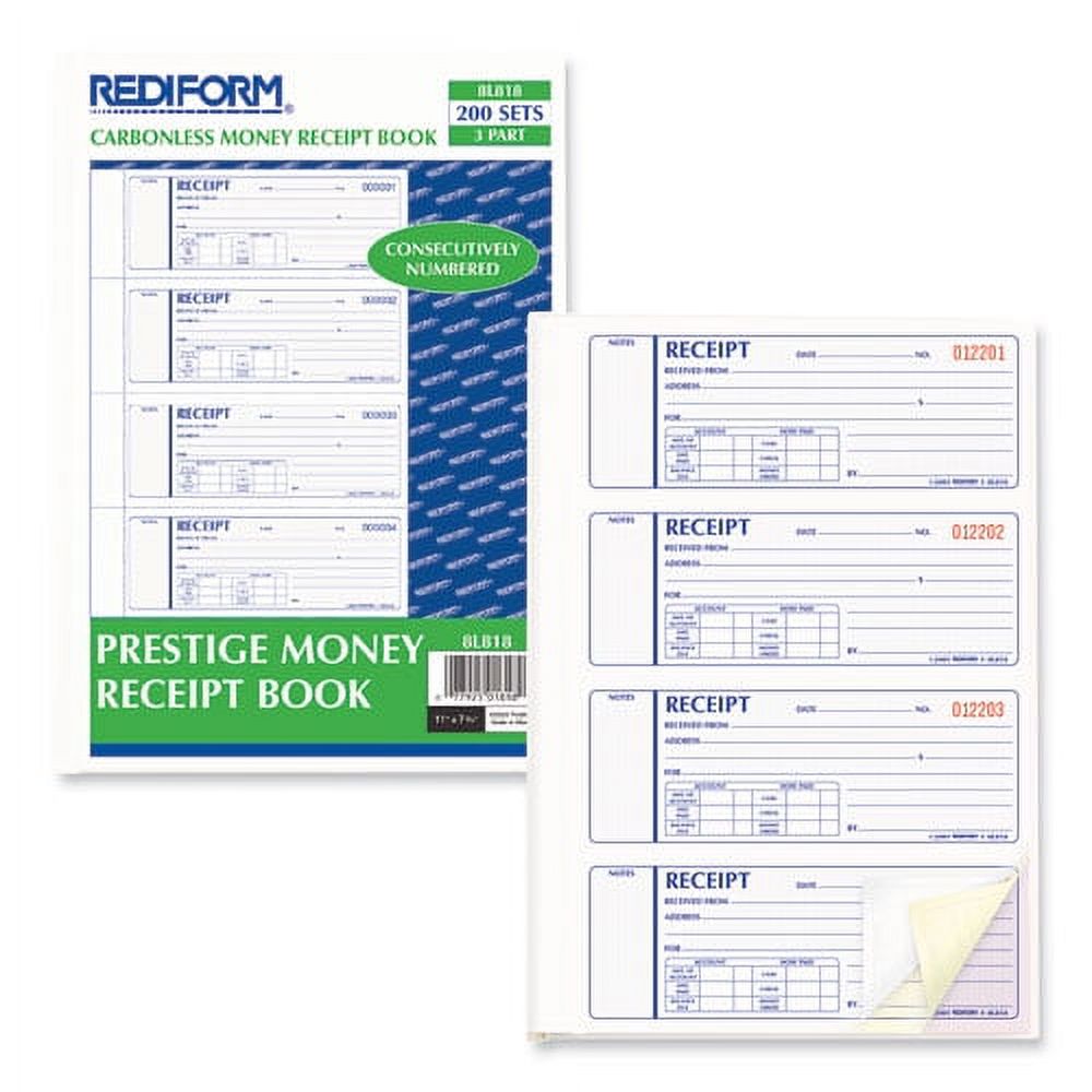 Money Receipt Book, Three-Part Carbonless, 7 X 2.75, 4/page, 200 Forms | Bundle of 2 Each
