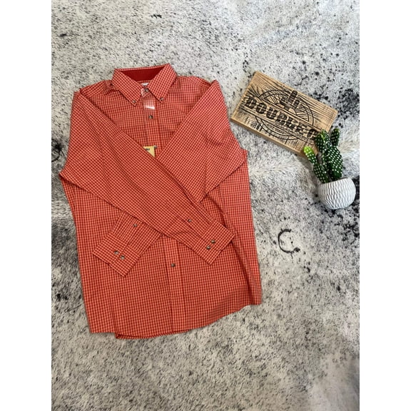 Wrangler Men's George Strait By Plaid Print Long Sleeve Button-Down Stretch Brick Red Medium