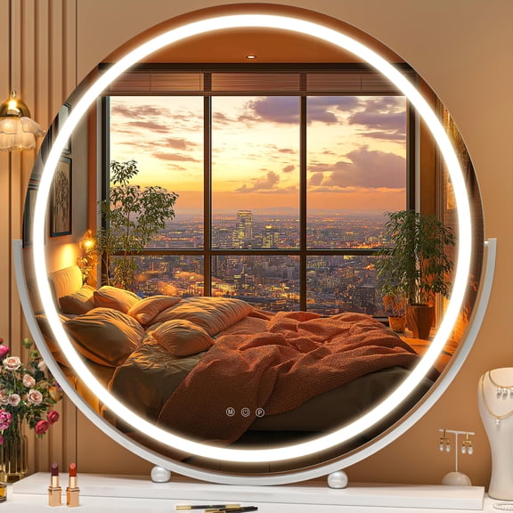 Hasipu 27.6" LED Vanity Mirror with Lights Touch Control Lighted Makeup Mirror with 3 Color Modes, 360° Rotation Round White