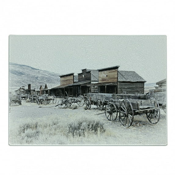 Western Cutting Board, Old Wooden Wagons from 20's in Ghost Town Antique Wyoming Wheels Art Print, Decorative Tempered Glass Cutting and Serving Board, Small Size, Brown White, by Ambesonne