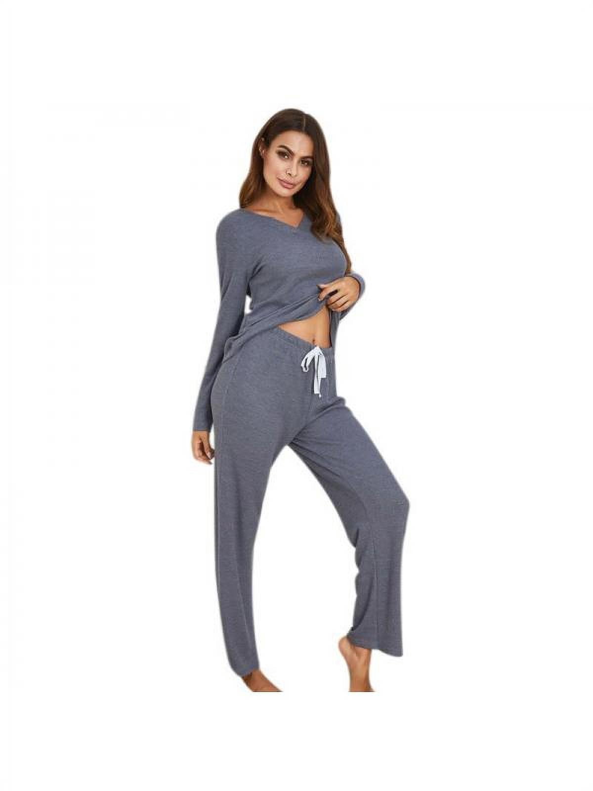 Pyjamas Strings Women Casual V-neck Long-sleeve Plus Size Pajamas Set Draw String Pants ...
