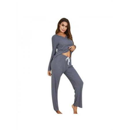 

Women Casual V-neck Long-sleeve Plus Size Pajamas Set Draw String Pants Nightwear