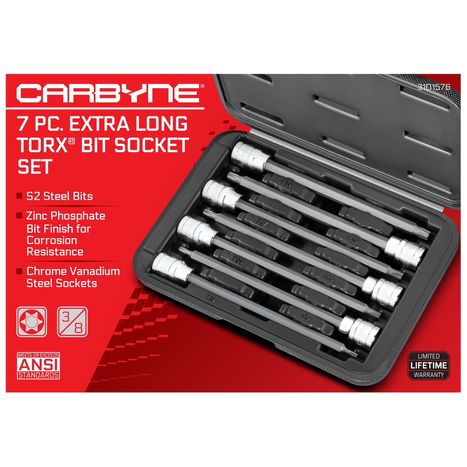 Carbyne 7-Piece Torx Extra Long Bit Socket Set, T10 to T40, 3/8 in. Drive, S2 Steel Bits, CrV Sockets, Zinc Phosphate, 6.1 in. Length, Durable Case