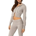 thumbnail image 3 of Womens Two Piece Knit Outfits Sweater Set Long Sleeve Zip Up Cropped Hoodie Top and Bootcut Pants Set Light Gray S, 3 of 8