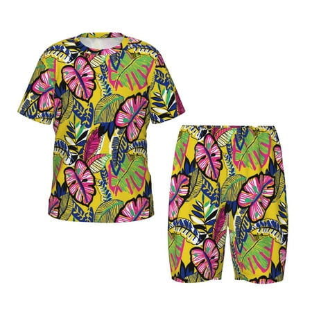 Luyuia Colrful Tropical Leaves Print Girls  2-Piece Tie-Dye Pajama Set  Cute Summer Loungewear with Shirt and Tank Shorts Nightwear-Small