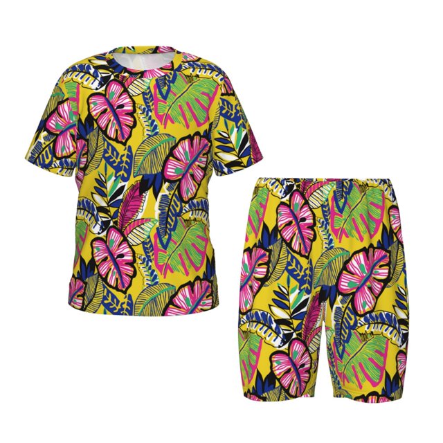 Balery Colrful Tropical Leaves Conjunto de Pijama Infantil de Manga Corta con Estampado – Ropa de Dormir de Algodón Suave-Small