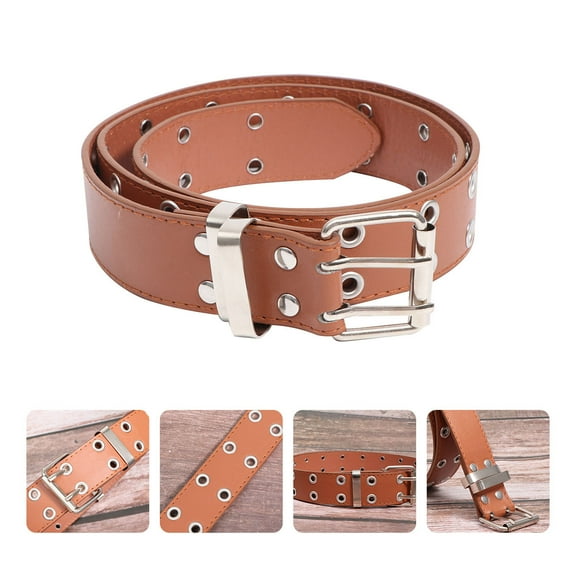 WHAMVOX Punk Style Belt Double Rows Holes Waist Belt Simple Durable Belt for Women Man (Brown)