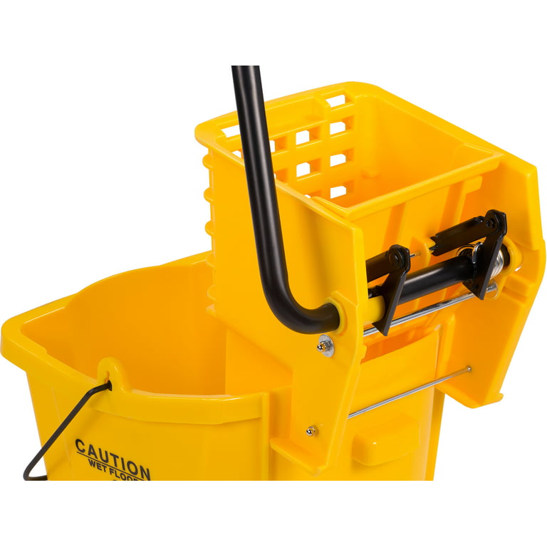 Restaurantware Clean 38 Quart Industrial Mop Bucket, 1 Combo Mop Wringer Bucket - with Side Press Wringer, Built-in Casters, Yellow Plastic