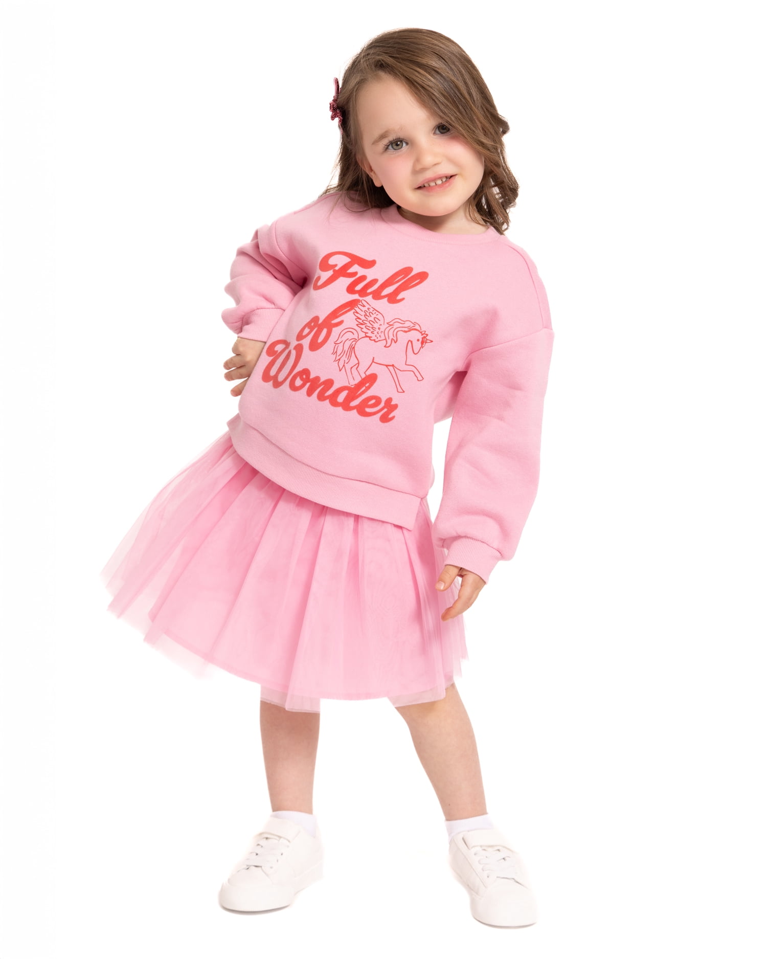Wonder Nation Toddler Girls Graphic Fleece Sweatshirt and Tulle Skirt Set, 2 Piece, Sizes 12M-5T