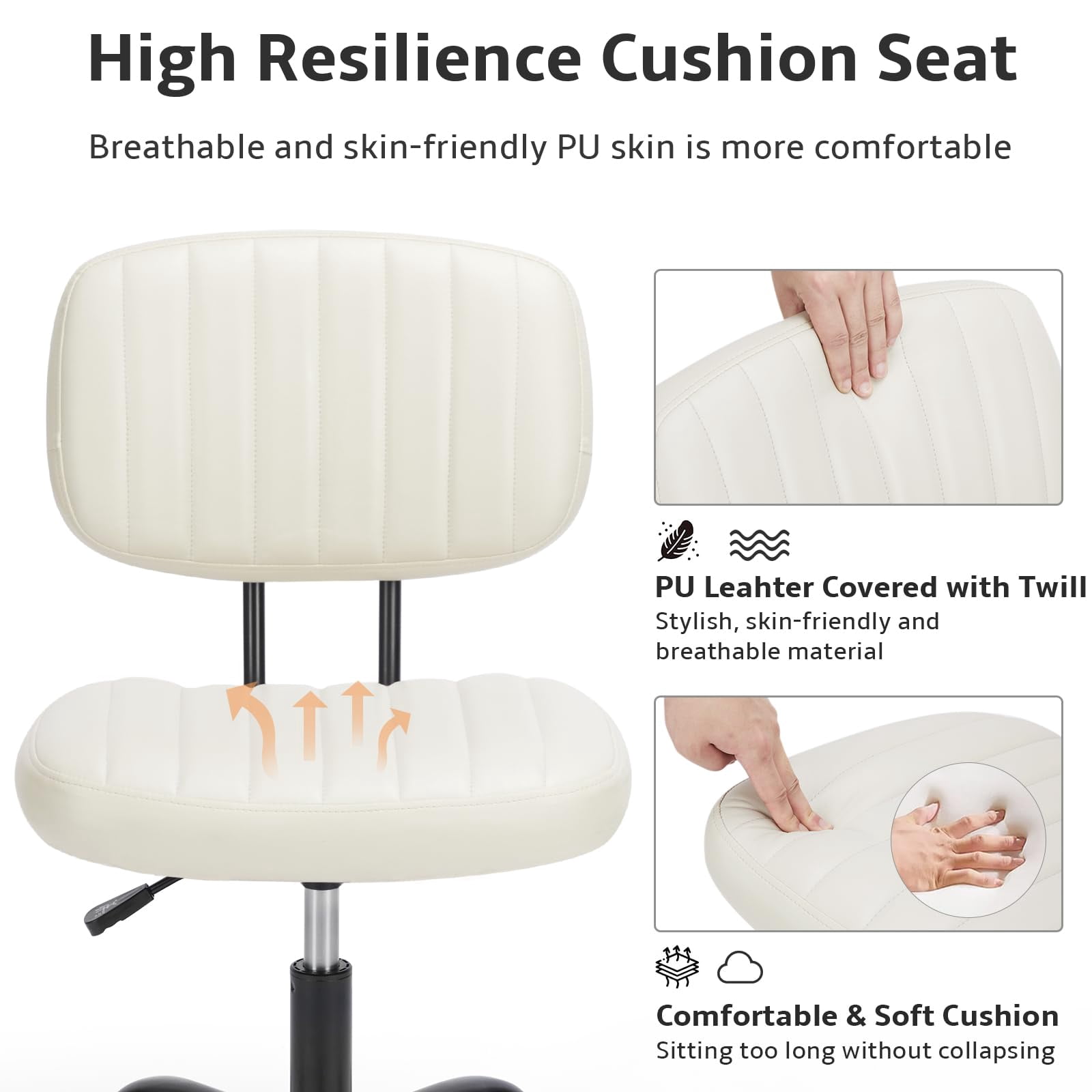 edx Adjustable Height Armless Office Desk Chair with Wheels, PU Leather Mid Back 360°Swivel Small Computer Chair, Modern Task Chair for Home Office Reading Meeting Room, White