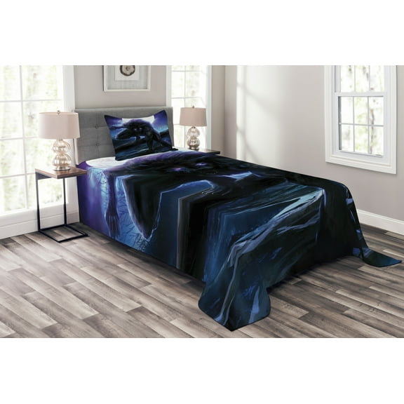 Ambesonne Fantasy Quilted Bedspread Set 2 Pcs, Surreal Werewolf Eyes, Twin Size, Purple Blue