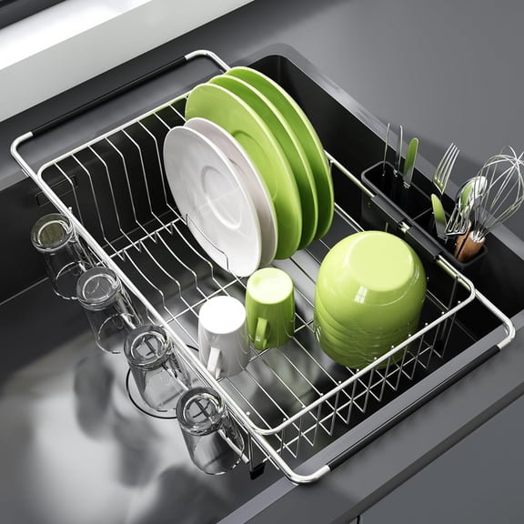 MMIZTFC Dish Drying Rack in Sink, Expandable Stainless Steel Dish Drainers for Kitchen Counter, Dish Dryer Rack for Inside Sink, Over The Sink Dish Racks with Utensil Holder, Silver
