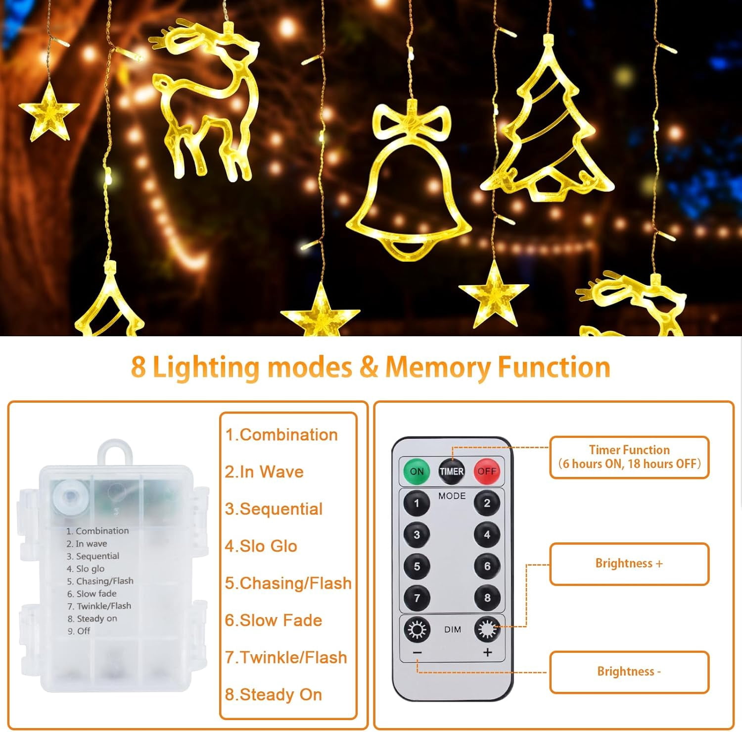 Qoosea 120 LEDs Christmas Curtain Lights Strings, 11.8ft Christmas Reindeer Decor Xmas Tree Star Christmas Window Lights with 8 Modes for Window Wall Diwali Light Decorations