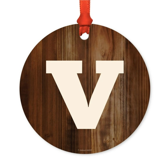 Metal Christmas Ornament, Monogram Letter V, Rustic Wood, Includes Ribbon and Gift Bag