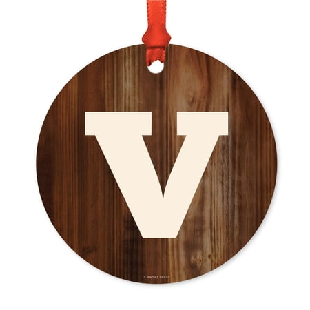 Metal Christmas Ornament Monogram Letter V Rustic Wood Includes Ribbon and Gift Bag