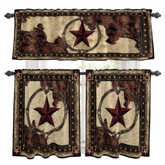 Western Texas Star Kitchen Curtains Sets for Windows 36 Inch Length, Retro Rustic Brown Farmhouse Rod Pocket Window Treatments Tier Curtains and Valances Set for Bedroom/Bathroom