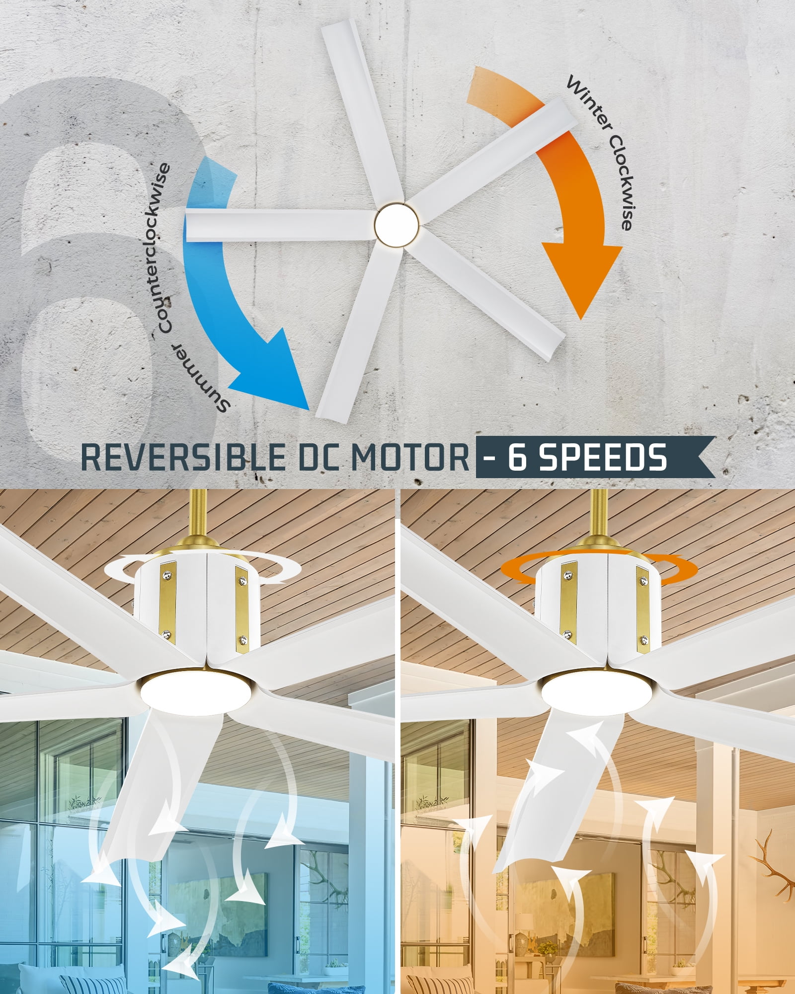 Ltmate 60" Smart Ceiling Fan with Light: Gold & White,Quiet DC Motor
