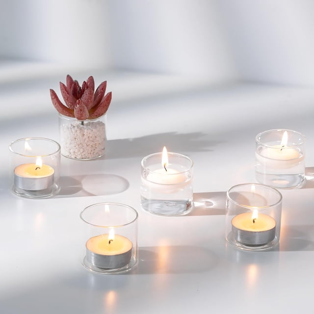Portavelas de Vidrio: Set de 12 Portavelas de Luz de Té Transparentes - Pequeños Portavelas Flotantes para Centros de Mesa de Fiestas (4.6x4cm)